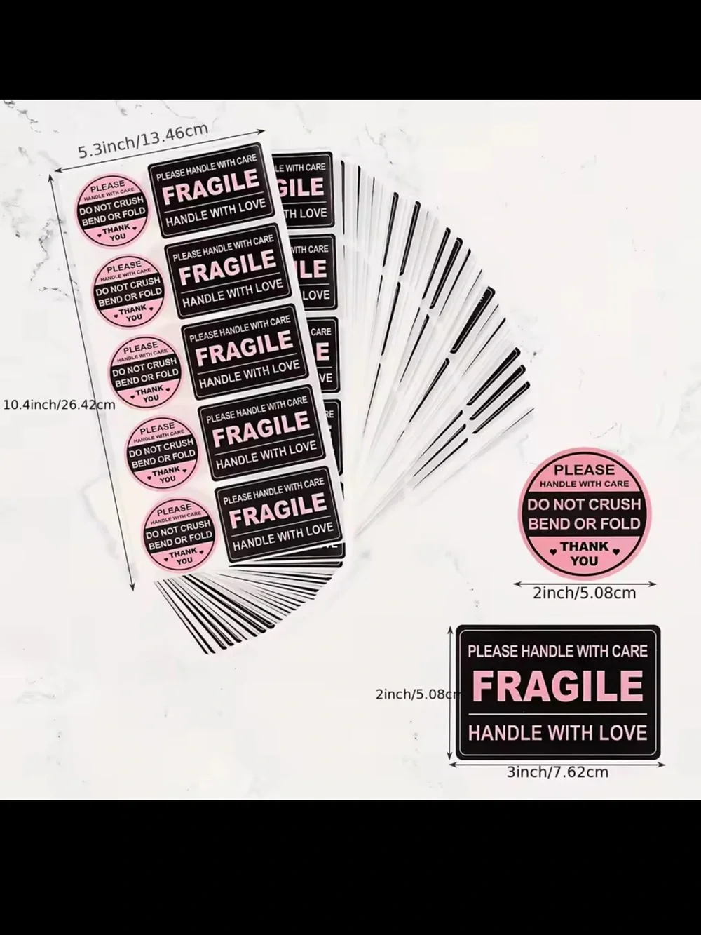 100 Fragile Handle With Love Pink & Black Shipping Stickers